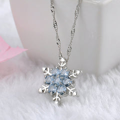 Vintage Blue Crystal Snowflake Pendant Necklace