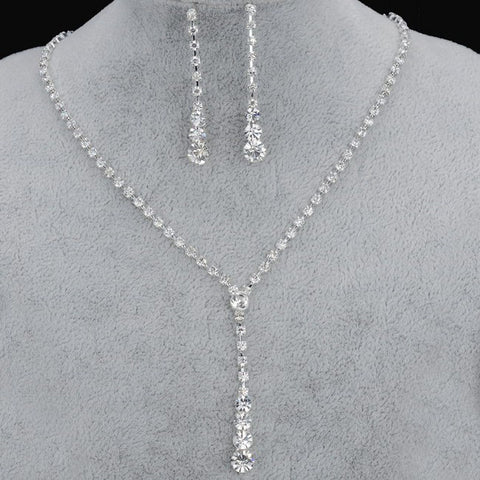 Silver Plated Drop Crystal Necklace & Earrings Set - Glam Up Accessories