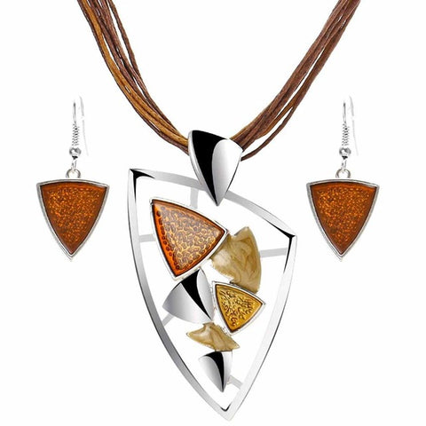 Geometric Leather Rope Pendant Necklace & Earrings Set - Glam Up Accessories