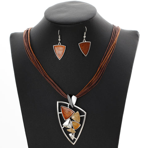 Geometric Leather Rope Pendant Necklace & Earrings Set - Glam Up Accessories