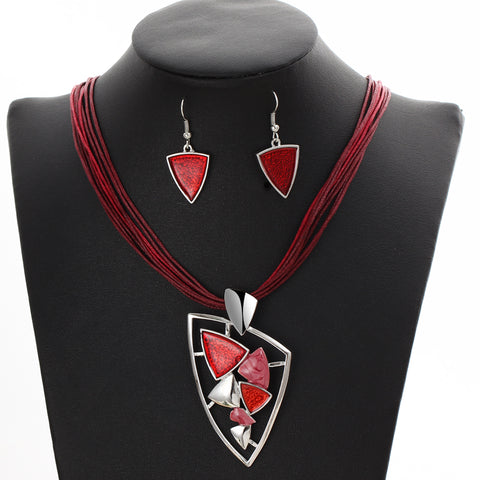 Geometric Leather Rope Pendant Necklace & Earrings Set - Glam Up Accessories