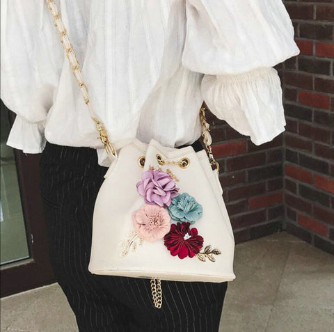 Handmade Flower Design Bucket Bag With Pearl Chain Strap - Glam Up Accessories