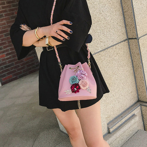 Handmade Flower Design Bucket Bag With Pearl Chain Strap - Glam Up Accessories