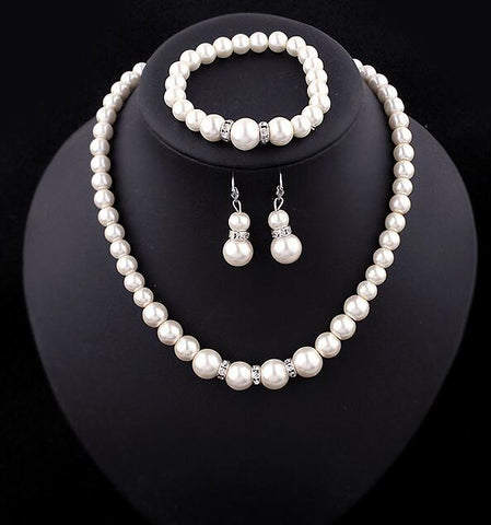 Classic Imitation Pearl Necklace, Bracelet & Earrings Set - Glam Up Accessories