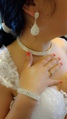 Classic Rhinestone Crystal Choker Earrings and Bracelet Set - Glam Up Accessories