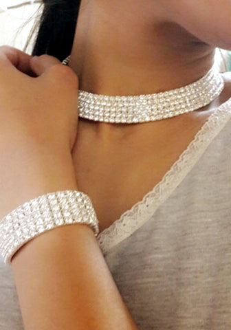 Classic Rhinestone Crystal Choker Earrings and Bracelet Set - Glam Up Accessories