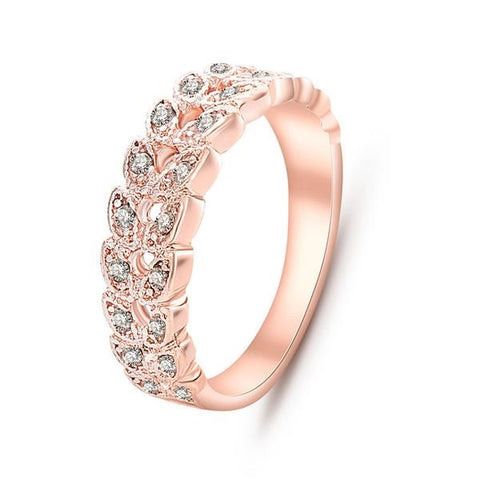 Quality Rose Gold Ring with Crystal Studded Leaf Design - Glam Up Accessories