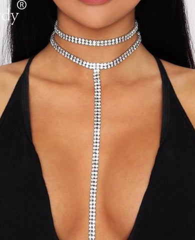 Rhinestone Lariat Chain Chocker Necklace - Glam Up Accessories