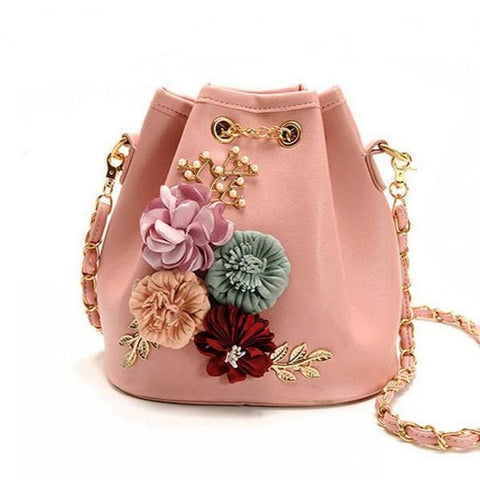 Handmade Flower Design Bucket Bag With Pearl Chain Strap - Glam Up Accessories