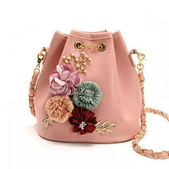 Handmade Flower Design Bucket Bag With Pearl Chain Strap