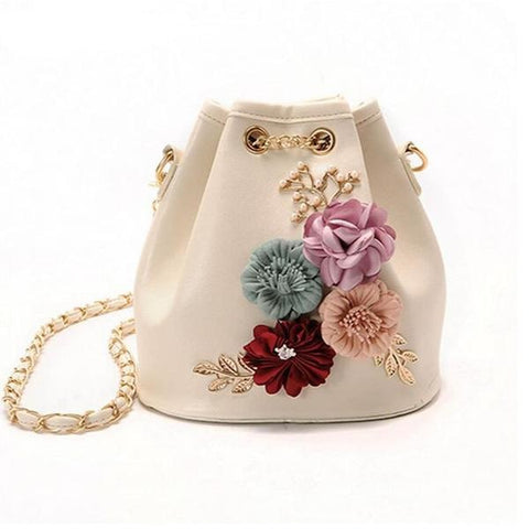 Handmade Flower Design Bucket Bag With Pearl Chain Strap - Glam Up Accessories