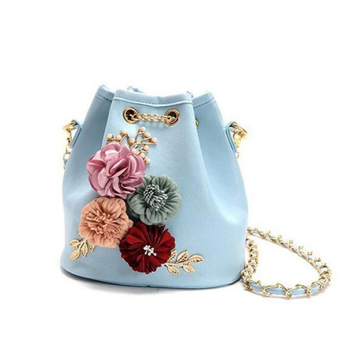 Handmade Flower Design Bucket Bag With Pearl Chain Strap - Glam Up Accessories