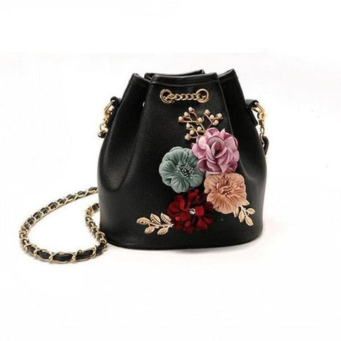 Handmade Flower Design Bucket Bag With Pearl Chain Strap - Glam Up Accessories