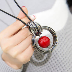 Long Red White Pearl Ball Pendant Necklaces