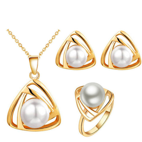 Simulated Pearl Necklace, Earrings & Ring Set - Glam Up Accessories